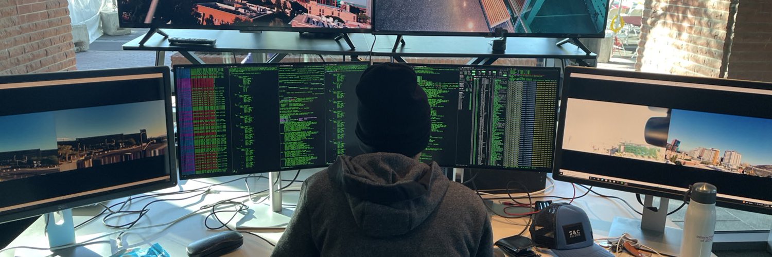 Ananay at a multi-monitor computer setup